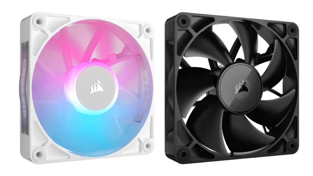 Two Corsair PC cooling fans side-by-side, one with RGB lighting and one in matte black.